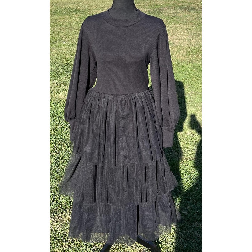Ivy City Co Dress Womens Medium Black Colette Midi Tulle Tiered Mesh Long Sleeve